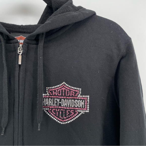 Harley Davidson Womens Zipped Sweatshirt Black Pink Rhinestones XXL - Picture 2 of 7